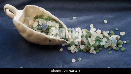 Pieces of glass worn smooth by sea action and collected from the beaches of Seaham in County Durham Stock Photo