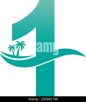 Number 1 logo  coconut tree and water wave icon design vector Stock Vector