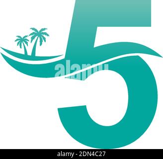 Number 5 logo  coconut tree and water wave icon design vector Stock Vector