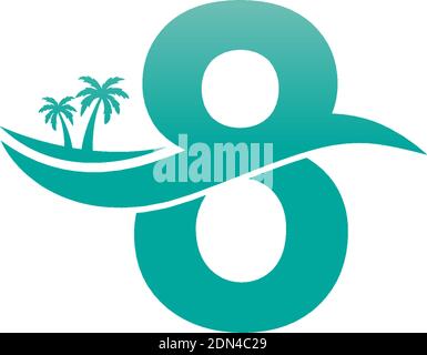 Number 8 logo  coconut tree and water wave icon design vector Stock Vector