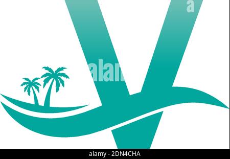 Letter V logo  coconut tree and water wave icon design vector Stock Vector