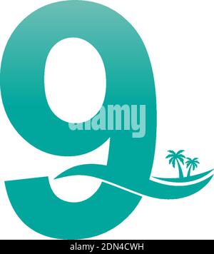 Number 9 logo  coconut tree and water wave icon design vector Stock Vector