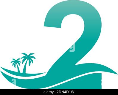 Number 2 logo  coconut tree and water wave icon design vector Stock Vector