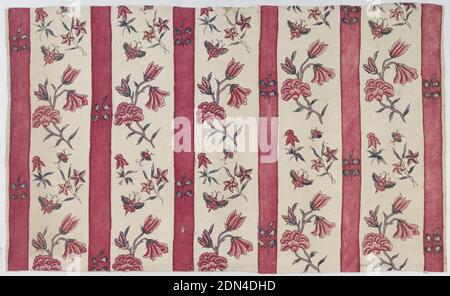 Chintz, Medium: cotton Technique: mordant painted and dyed on plain weave, Red stripes with flowers alternate with white stripes with flowers and butterflies., India, 18th century, printed, dyed & painted textiles, Chintz Stock Photo