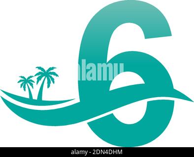 Number 6 logo  coconut tree and water wave icon design vector Stock Vector