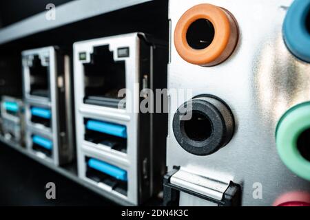 Ports and outputs at computer system unit macro Stock Photo