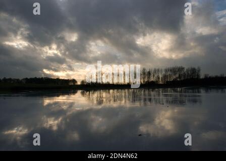 Winter scene with a line of trees along the edge of a frozen lake with light and clouds streaming from behind the trees and reflected in the ice Stock Photo