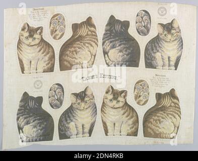 Tabby's Kittens, Medium: cotton Technique: printed by engraved roller on plain weave, Printed panel, entitled 'Tabby's Kittens' with front, back and bottom views of four striped kittens, meant to be cut and sewn into stuffed toys. Sewing instructions are printed on the upper left and lower right sides. 'Arnold Print Works, North Adams, MA' is printed on the upper right and lower left sides., North Adams, Massachusetts, USA, 1892, printed, dyed & painted textiles, Textile, Textile Stock Photo