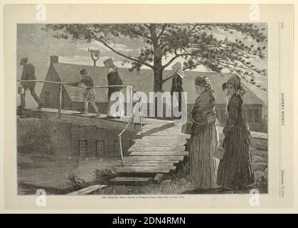 The Morning Bell, from Harper's Weekly, December 13, 1873, p. 1116., Winslow Homer, American, 1836–1910, Wood engraving in black ink on newsprint paper., Horizontal view of a wooden foot-bridge leading over a stream and a group of people, all carrying pails, crossing it. A girl at the extreme right turns to look at the spectator. In the background a bell is ringing on the roof of a large house., USA, December 13, 1873, graphic design, Print Stock Photo