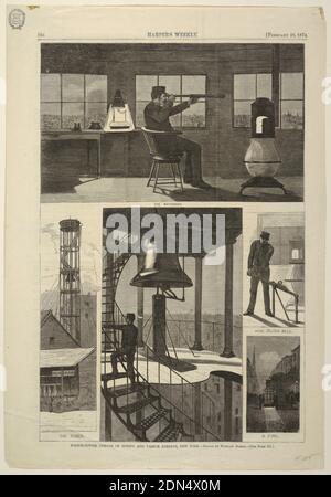 Watch-tower, Corner of Spring and Varick Streets, New York, Winslow Homer, American, 1836–1910, Wood engraving printed in black ink on paper, Upright page containing five scenes: At top is the interior of an observation room with a seated man in uniform looking through a telescope; at center below is a view of a circular staircase and a platform with a large bell; at lower left is a view of the whoe tower; and at lower right is a man ringing a bell and a fire engine going through a street during the night;, USA, February 28, 1874, graphic design, Print Stock Photo