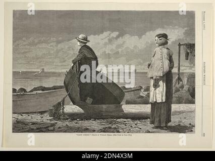 Dad's Coming!', from Harper's Weekly, November 1, 1873, p. 969., Winslow Homer, American, 1836–1910, Wood engraving in black ink on newsprint paper, Horizontal scene at the shore’s edge with a woman carrying a child at right, a small boy perched on a rowboat toward the left, and sailing boats on the sea in the background., USA, November 1, 1873, graphic design, Print Stock Photo