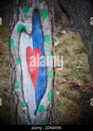 red heart graffiti on tree trunk Stock Photo