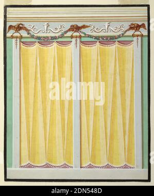 Design for Painted Decoration of a Wall, Brush and gouache, watercolor, graphite on paper, Three pilaster strips, standing upon a dado, support the entablature. They have volutes as capitals, above which arches rise, and eagles are perched. They carry flower festoons. Yellow curtains hang in the two panels between the pilasters., Austria, 1825–40, wallpaper designs, Drawing Stock Photo