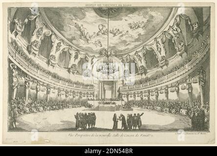 Interior of the New Concert Hall, Venice, Etching on paper, Horizontal rectangle. View into a circular hall with a cupola, at right. A concert is going on. The public sits in the ground floor and upon a gallery along the walls. Some men are standing in the foreground. Caption above, inverse: 'SALLE DE CONCERT DE VENISE'; below at right: 'a Paris chez Daumont Rue St. Martin'., Europe and USA, France, 1760–1790, theater, Print Stock Photo