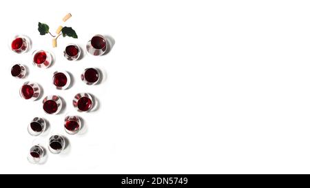Banner of wine glasses placed forming a bunch of grapes with white background. Creative concept Stock Photo