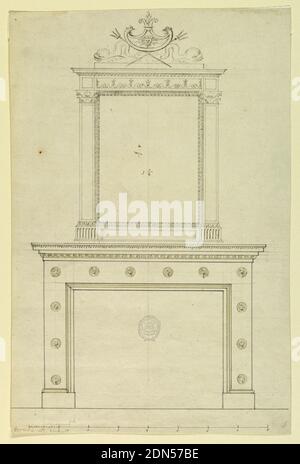 Design for a Mantelpice, Graphite, pen and ink, brush and watercolor on paper, Elevation of a mantelpiece. Aedicule frame with dolphin and trident crest. Twelve rosettes on fireplace surround. Scale below., Europe, 1800–1830, interiors, Drawing Stock Photo