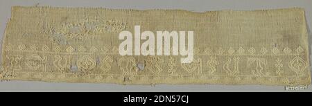 Fragment, Medium: linen, silk Technique: embroidery on plain weave, Fragment of a cover showing a band ornamented with gothic letters., Italy, 15th century, embroidery & stitching, Fragment Stock Photo