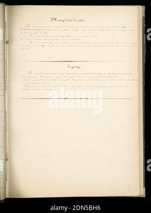 Cahier de Theorie 1848, Medium: paper, bound with buckram covered cardboard with vellum back and corners, containing fabric samples and mises-en-carte, Uncompleted book written in delicate longhand, labelled on title page: 'Cahier de Theorie 1848'. Contains nine samples of fabrics, 12 mises-en-carte, sketches for heddle arrangements and descriptions of fabrics., Lyon, France, 1848, sample books, Weaver's thesis book, Weaver's thesis book Stock Photo