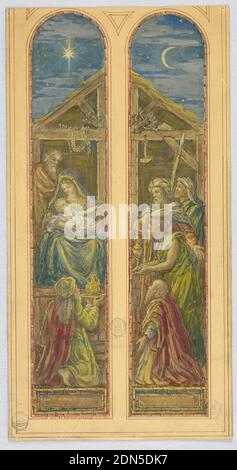 Adoration of the Magi (Design for Stained Glass Window), Francis Augustus Lathrop, American, 1849 - 1909, Brush and watercolor, pen and red ink, graphite on cream wove paper, Stained glass design in two halves. Left, Joseph, Madonna, and Child; a King offering a gift. Right, two Magi and two shepherds, facing left., USA, 1898, religion, Drawing Stock Photo