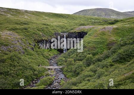 A distant view of Svartifoss Waterfall in Skaftafell, part of Vatnajokull National Park, Iceland. A bridge crosses the river below the falls. Stock Photo