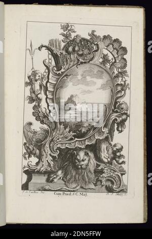 Cartouche with Lion, Livre de Cartouches Irréguliers (Book of Irregular Cartouches), François de Cuvilliés the Elder, Belgian, active Germany, 1695 - 1768, Balthazar Sigismond Setlezky, German, 1695 - 1774, François de Cuvilliés the Elder, Belgian, active Germany, 1695 - 1768, Etching and engraving on paper, Asymmetrical cartouche in Rococo style with a seated lion at base. Putti figures surround the ornamental frame, which is heavily decorated with vegetation and scrollwork. Within cartouche, a seascape scene of a mountainous island., Munich, Germany, 1738, albums (bound) & books, Bound print Stock Photo