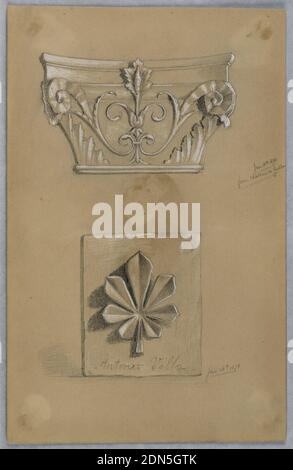 Studies of Architectural Details, Arnold William Brunner, American, 1857–1925, Graphite and white heightening on beige paper, Two studies of architectural details. Above, a capital from Château de Gaillon. Below, a stylized leaf on a vertical rectangle, with, Antonio Villa, written below., USA, 1879, architecture, Drawing Stock Photo