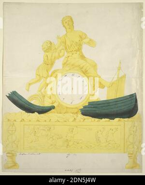 Design for a Clock, Pen and gray ink, brush and yellow, green and brown washes on off-white laid paper, Design for a gilt table clock: a child reaches towards a seated allegorical female figure (Hope?) atop a clock face (its encasing suggesting a rock). The broken, shipwrecked hull of a sailing vessel flanks the bottom of the clock which, in turn, rests on a base decorated with bas relief of Neptune (holding a trident) riding the sea accompanied by a Triton. Flanking the frieze are decorations featuring anchors entwined with rope., 1800–1825, timepieces & measuring devices, Drawing Stock Photo