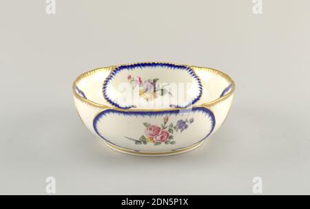 Salad Bowl, from the Cabbage Leaf Service (Saladier; Service à Feuilles de Choux), Sèvres Porcelain Manufactory, French, established 1756 to the present, hard paste porcelain, vitreous enamel, gold, Oval bowl on low foot. Floral bouquets within oval cartouches outlined in gilding and cobalt. Gilding at rim and foot., France, 1773, ceramics, Decorative Arts, bowl, bowl Stock Photo