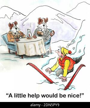 A skier asks St. Bernards for help. Stock Photo