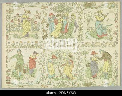 Sidewall, Walter Crane, (English, 1845–1915), Machine-printed, oil colors, textured ground, Vertical rectangle. Children's paper with nursery rhymes, showing a repeat of six scenes in two rows: Jack and Jill, I had a little nut tree, My pretty maid; and My lady's garden, The mulberry bush, Little Bo-Peep. In pastel colors, principally pink, yellow, blue and green on an off-white ground., USA, 1875–1900, Wallcoverings, Sidewall Stock Photo