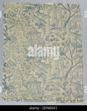 Textile, Medium: cotton Technique: roller printed on plain weave, Pattern of chinoiserie type; with pagodas, male figures, and birds amid foliage. At top piece is gathered into band and fitted with tapes, possibly for a valance., England, mid-19th century, printed, dyed & painted textiles, Textile Stock Photo