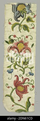 Panel, Medium: silk; metallic thread; flat strips of metal; linen Technique: embroidery of colored silks, chenille and metallic threads; applique of taffeta and flat metal strips on taffeta lined with linen., Panel of white silk taffeta, backed with linen, with embroidered design in blue, black, and rose silk threads, green, yellow, rose and black chenille, gold metal thread, and flat strips of metal and yellow taffeta applique worked through both silk and linen. Incomplete design showing three large-scale polychrome flowers, France, 18th century, embroidery & stitching, Panel Stock Photo