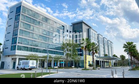 Orlando, FL USA - April 10, 2020:  The exterior of a Marriott Courtyard and Residence Inn in Laureate Park Lake Nona Town Center in Orlando, Florida. Stock Photo