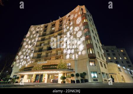 London, UK. - 17 Dec 2020: The Dorchester Hotel on Park Lane, projected with festive lights for the Christmas 2020 season. Stock Photo