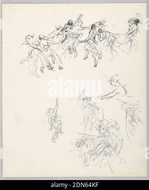 Study for a dancing women, “Moods to Music,” Mendelssohn Glee Club, New York, NY, Robert Frederick Blum, American, 1857–1903, Pen and ink, graphite on laid paper, Sketch of women dancing figures. At top, a crowd with linked hands encircles a female figure dancing at the center. At lower right, studies of individuals and pairs of female dancers in motion., New York, New York, USA, 1893–1895, figures, Drawing Stock Photo