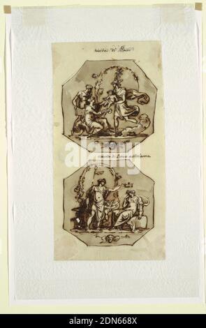 Birth of Bacchus; Banquet of Bacchus and Ariadne, Felice Giani, Italian, 1758–1823, Pen and brown ink, brush and wash over graphite on wove paper. Borders ruled in ink., Rome, Italy, Italy, early 19th century, figures, Drawing Stock Photo
