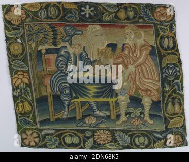 Pillow cover, Medium: wool on linen, silk backing Technique: counted stitch embroidery, Solidly worked multicolored pillow cover with a conventionalized fruit and flower border that encloses a scene from the Parable of the Prodigal Son; scene depicted is the time of his departure from his family with a bag containing his inheritance money., England, 17th century, embroidery & stitching, Pillow cover Stock Photo