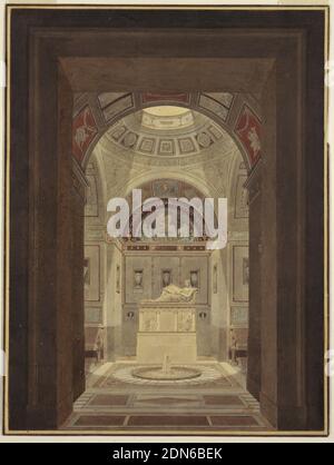 Sepulchral Chamber, Pen and black ink, brush and watercolor, gouache, graphite on paper, lined, The sheet depicts an interior of a cross-shaped space with an open skylight. The interior is viewed through the entrance into the space. Inside, the walls are punctured with niches occupied by urns. Sepulchral monument with sarcophagus, which in turn supports a statue of a reclining young man holding an open book stands at the center of the room. The monument is positioned before the rear vaulted wall. There is a depiction of a seated saint in profile at the upper register of the wall.