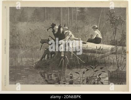 Waiting for a Bite, from Harper's Weekly, August 22, 1874, p. 693, Winslow Homer, American, 1836–1910, Edward Lagarde, American, 19th century, Wood engraving on off-white wove paper, Three boys are seated on a tree trunk which has fallen over a stream. In the center, one boy is fishing, while another watches. The third boy, on the right, baits his line. Forest in background. Possibly located at Keene Valley in the Adirondacks. Information from Linda S. Ferber, Barbara Dayer Gallati, Marilyn S. Kushner, Winslow Homer: Illustrating America Stock Photo