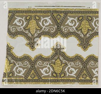 Frieze, Machine-printed, embossed, Full width, with opposed bands of conventional decoration, shaped in contour. Printed in black, brown and gold on embossed paper., possibly USA, 1880–90, Wallcoverings, Frieze Stock Photo