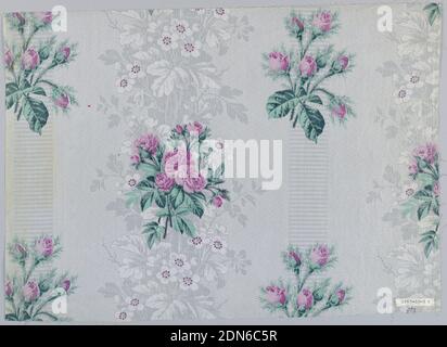 Textile, Schwartz-Huguenin, Medium: cotton Technique: printed by engraved roller and/or block printed on plain weave; highly glazed, Three samples, same design, different colors. A) Grey ground, probably printed by 'Molette,' in minute geometric patterns with areas of foliage in grey, with white flowers; floral pattern of rose clusters printed over ground, probably by block. B) Green ground, roses red-violet. C) Grey ground, flowers blue with grey foliage. Highly glazed, Mulhouse, Alsace, France, 1851–63, printed, dyed & painted textiles, Textile Stock Photo