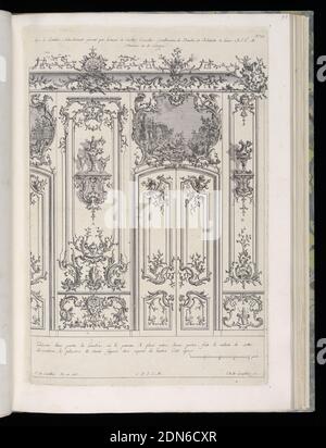 Wall with Double Door and Overdoor Painting, Livre de Lambris (Book of Wainscoting), François de Cuvilliés the Elder, Belgian, active Germany, 1695 - 1768, Carl Albert von Lespilliez, German, 1723 - 1796, François de Cuvilliés the Elder, Belgian, active Germany, 1695 - 1768, Engraving on paper, Design for an interior wall decoration with applied ornamental stuccowork. A large set of double doors with an overdoor landscape painting above within decorative frame. At either side, two wall-mounted brackets with vsaes. Scale at lower left., Munich, Germany, 18th century, ornament, Bound print Stock Photo