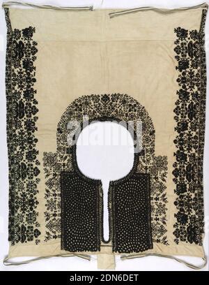 Vestee, Medium: wool embroidery on linen foundation Technique: embroidered in satin and cross stitches on plain weave, Vestee of heavy cream-colored linen embroidered in black wool. The round neck opening has a deep slit in the front which is embroidered on both sides with wide bands of heavily worked spirals. Around the collar are cross-stitched designs of stylized plants and birds. Both sides, corresponding to the shoulder area, have broad bands of stylized plant forms and small stags.The vestee is pulled over the head and tied at the sides with black and white tapes., Lagartera, Toledo Stock Photo