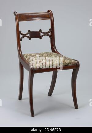 Chair, wood (mahogany and poplar), horse hair, Back legs flat-sided, front legs flat excepting rounded front face; legs curve outward toward bottom, and back legs incline toward each other at bottom. The chair's back corner posts terminate in a volute-like form at the top of the chair. The chair's top rail, slightly arched, is bowed towards the back. A rectangular panel of inset veneer is surrounded by beading. The chair's splat is horizontal, composed of a small oblong-shaped rectangle faced with veneer, flanked on either side by horizontal coupled C-scrolls covered with foliage. Stock Photo