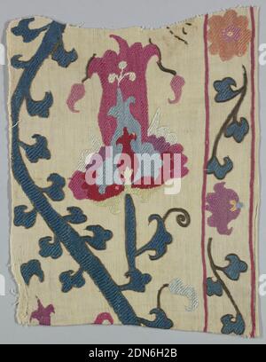 Textile, Medium: silk on cotton Technique: embroidered on plain weave, Fragment with silk embroidery showing a stylized flower in shades of red, pink, purple, and light blue with dark blue leafy stems., 19th century, embroidery & stitching, Textile Stock Photo