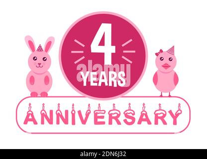 4th birthday. Four years anniversary celebration banner with pink animals theme for kids. Stock Vector