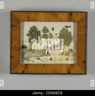 Embroidered picture, Medium: silk, chenille, metallic threads Technique: embroidered on plain weave, Group of exotic buildings flanked by two large trees with a silver lake., England, ca. 1810, embroidery & stitching, Embroidered picture Stock Photo