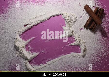 background flour or powdered sugar on a pink fuchsia background with a copy of the space. Stock Photo