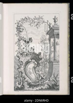 Cartouche with Fountain and Sea Putti, Livre Nouveau de Morceaux de Fantaisie (New Book of Fantasy Pieces), François de Cuvilliés the Elder, Belgian, active Germany, 1695 - 1768, Carl Albert von Lespilliez, German, 1723 - 1796, François de Cuvilliés the Elder, Belgian, active Germany, 1695 - 1768, Engraving, etching on laid paper, In landscape, large rocaille formation on ground, merman putto holds spear and with right hand gestures toward cartouche, framed by rocaille design depicting spears. On right, columned structure. Above, merman putto sits atop fountain structure in rocaille motif Stock Photo