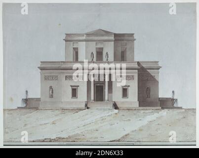 Elevation of a Country Villa, Pen and black ink, brush and rose, brown and blue watercolor, black wash, with black chalk indications on paper, Elevation of a free standing villa. The central part of the building has two stories, the upper one being octagonal. Steps are leading to a porch with two Ionic columns. In the flanking walls is a window and a frieze above it; another one above the door. Two narrow receding wings project from the walls, each is decorated with a niche occupied by a statue and a frieze. Additional two statues are standing beside the front window in the upper floor. Stock Photo